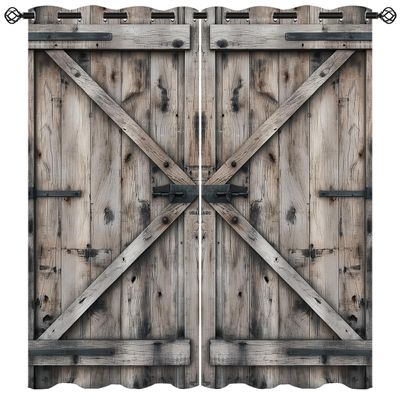 18TH CROZY Wood Door Blackout Curtains for Girls Boy Home Decor, Rural Vintage Rustic Farmhouse Country Grommet Thermal Insulated Drapes Darkening Window Curtain for Bedroom Living Room, 72 x 63 Inch
