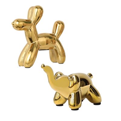 SHIDXIB 2Pcs Gold Home Decor Balloon Figurine Small Ceramic Animal Elephant and Dog Statue Handmade Sculpture Ornament