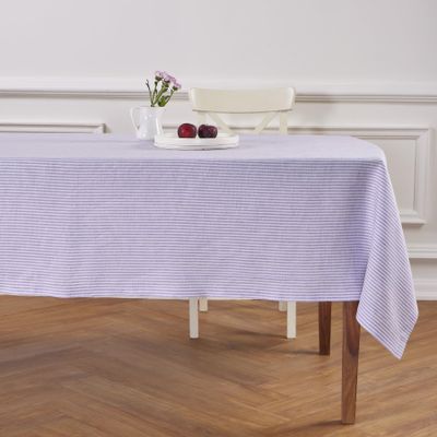 Solino Home Linen Striped Tablecloth 60 x 108 Inch - 100% Pure Linen Lavender and White Table Cloth for Rectangle Tables - Narrow Stripe, Machine Washable Tablecloth for Valentines, Spring, Easter