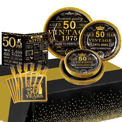 50th Birthday Party Tableware Set,Back in 1975 50th Birthday Party Supplies Decorations,Include 1975 Anniversary Card,Tablecloth and Plates, Forks,Napkins 24 Guests for Men