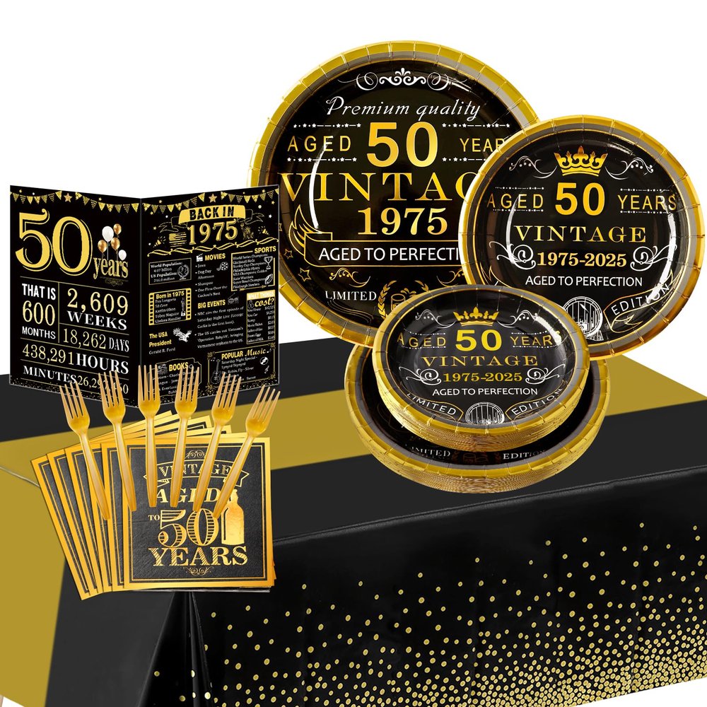 50th Birthday Party Tableware Set,Back in 1975 50th Birthday Party Supplies Decorations,Include 1975 Anniversary Card,Tablecloth and Plates, Forks,Napkins 24 Guests for Men