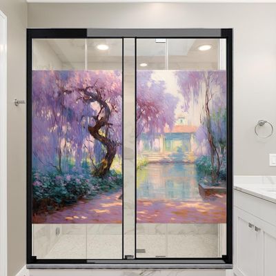 Dunmat Beautiful Garden Window Privacy Film Watercolor Tree Lavender Landscape Stained Glass Window Coverings Self-Adhesive Glass Sticker Frosted Window Film for Home Office 17.7Wx23.6L-inch x2 Pcs
