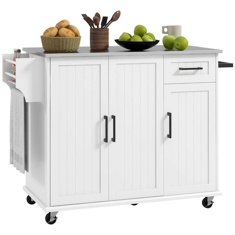 GOWE Kitchen Island with Storage, Rolling Kitchen Island on Wheels with Drawer, 3 Cabinets, Stainless Steel Countertop, Spice Rack and Towel Rack, White