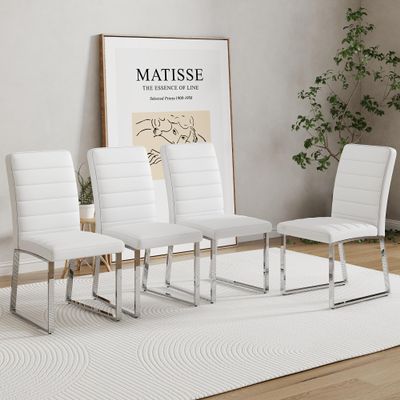 GOWE Set of 4 Dining Chairs, White Dining Chair Set, PU Material high backrest Seats and Sturdy Leg Chairs, Suitable for Restaurants, Kitchens, Living Rooms