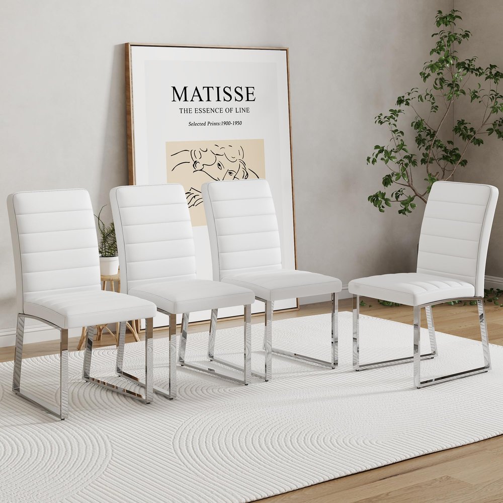 GOWE Set of 4 Dining Chairs, White Dining Chair Set, PU Material high backrest Seats and Sturdy Leg Chairs, Suitable for Restaurants, Kitchens, Living Rooms