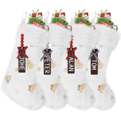 4PCS Christmas Stockings, Large Xmas Plush Hanging Stocking Decoration with Name Tags for Christmas Holiday Family Party Decorations