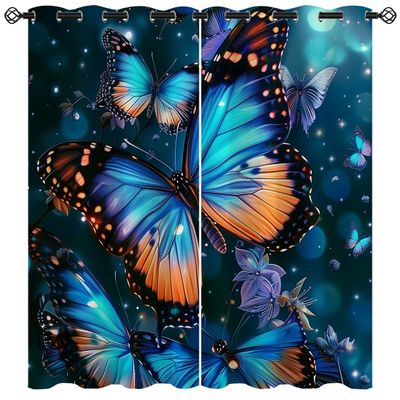 18TH CROZY Blue Butterfly Blackout Curtains for Girls Boy Home Decor, Magic Fantasy Colorful Butterfly Grommet Thermal Insulated Drapes Darkening Window Curtain for Bedroom Living Room, 72 x 63 Inch