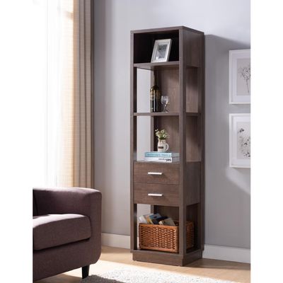 GOWE Media Tower, Display Storage Cabinet with Two Drawers and Open Shelving- Walnut Oak