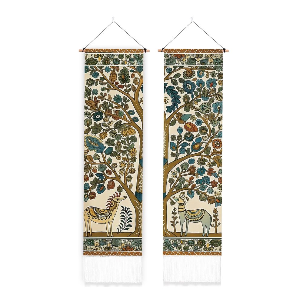 PLIGREAT 2 Pack Deer and Tree Vertical Tapestry, Folk Art Style Wall Tapestry with Tassels Aesthetic Wall Hanging for Bedroom Living Room Long Narrow Art Home Decor Housewarming Gift