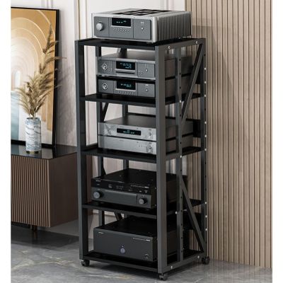 3/4/5-Tier AV Media Stand Cabinet Floor-Standing Audio Rack CD Player Stand Home Corner TV Stand Stereo Components Cabinet Multi-Function Open Storage Shelf with Wooden Shelves (Color : Black - B, S
