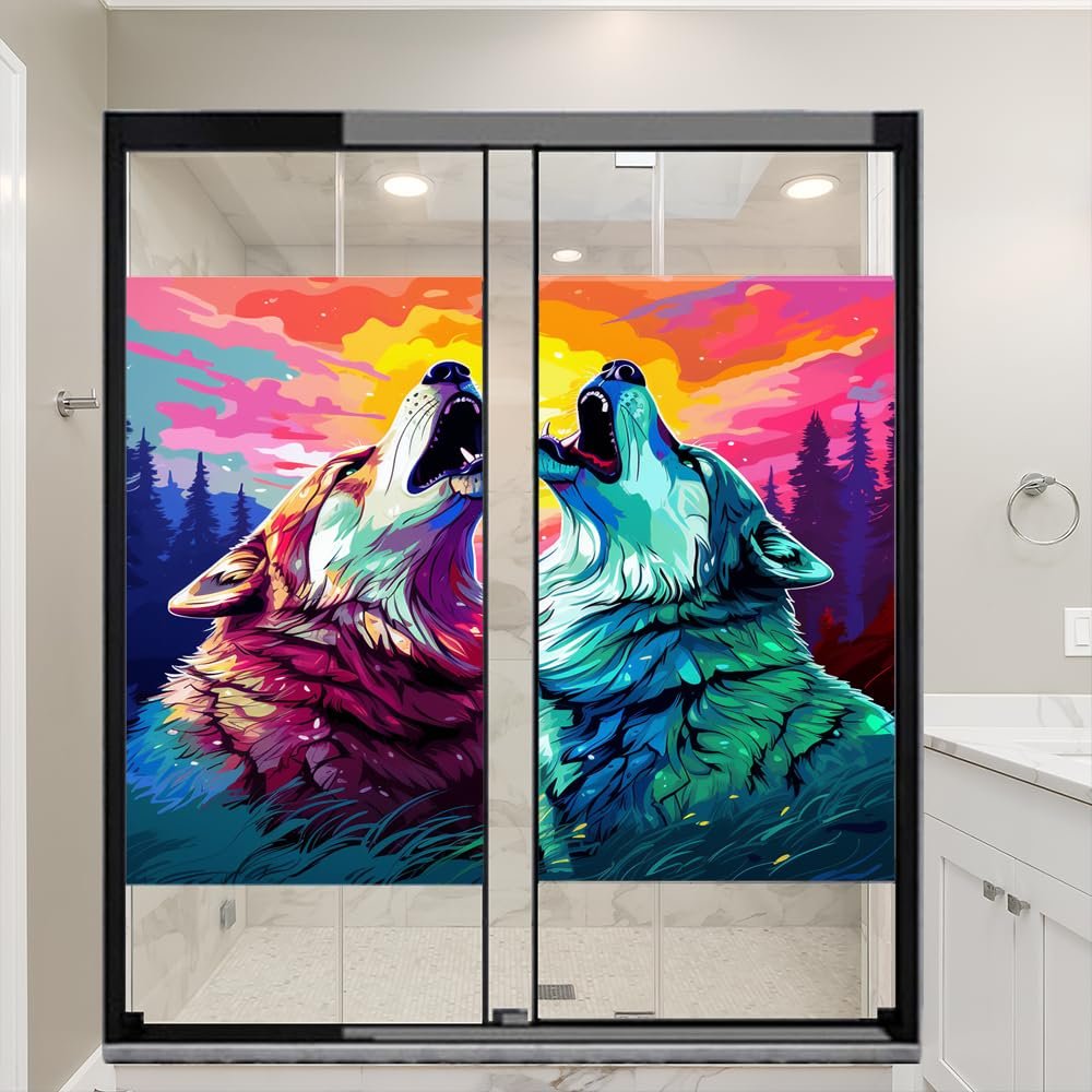 Dunmat Abstract Howling Wolf Window Privacy Film Colorful Forest Animals Stained Glass Window Coverings Self-Adhesive Glass Sticker Frosted Window Film for Home Office Stores 17.7Wx23.6L-inch x2 Pcs
