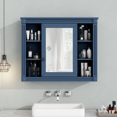 35'' x 28'' Royal Blue Wall Mounted Bathroom Storage Cabinet, Modern Bathroom Wall Cabinet with Mirror, Mirror Cabinet with 6 Open Shelves (Not Include Bathroom Vanity)