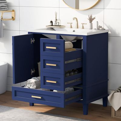 30" Bathroom Vanity, Modern Bathroom Cabinet with Sink Combo Set, Bathroom Storage Cabinet with a Soft Closing Door and 3 Drawers, Solid Wood Frame(Blue)