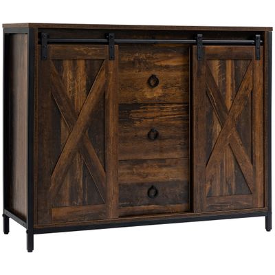 GOWE Industrial Farmhouse Buffet Cabinet, Kitchen Sideboard with Sliding Barn Doors, Three Drawers and Adjustable Shelves for Living Room, Dining Room, Rustic Brown