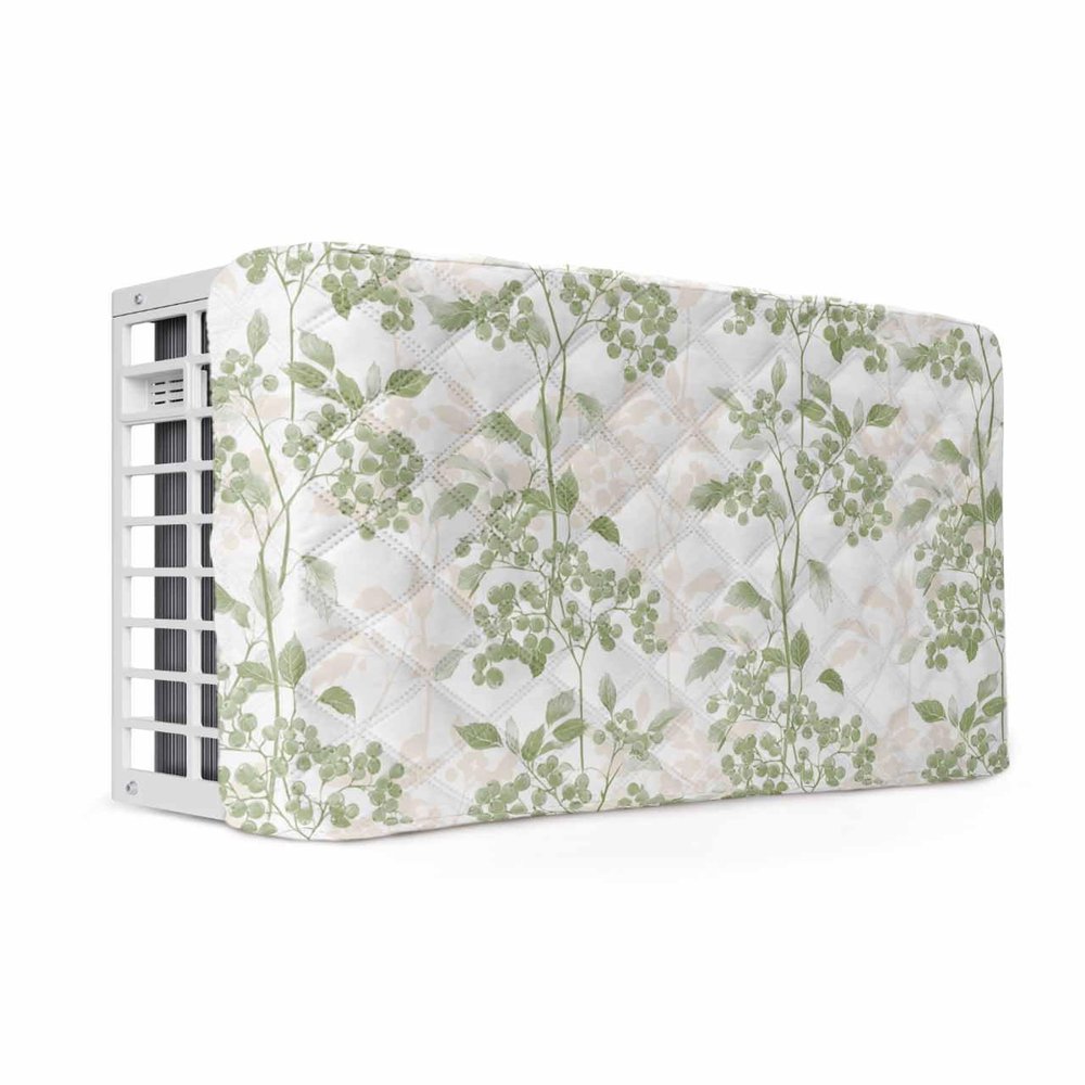 Sage Green Leaves Indoor Air Conditioner Cover for Window Units, Double Insulation Adjustable Waterproof Indoor AC Cover with Elastic Straps 21'' x 15'' x 3.5'' Wildflower Herbs Floral Spring Summer