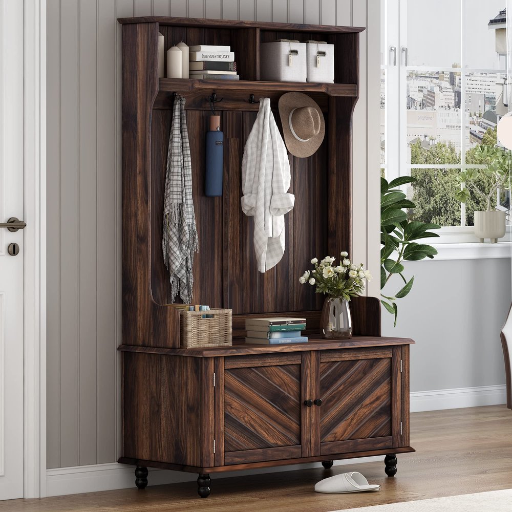 GOWE U-Can Hall Tree with 4 Hooks, Coat Hanger, Entryway Bench, Storage Bench, 3-in-1 Design, 40INCH, for Entrance, Hallway