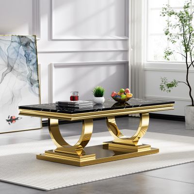 47" Black Marble Coffee Table,Modern Rectangular Faux Marble Coffee Table with Gold Stainless Steel Pedestal Base, Luxury Coffee Cocktail Center Table for Living Room