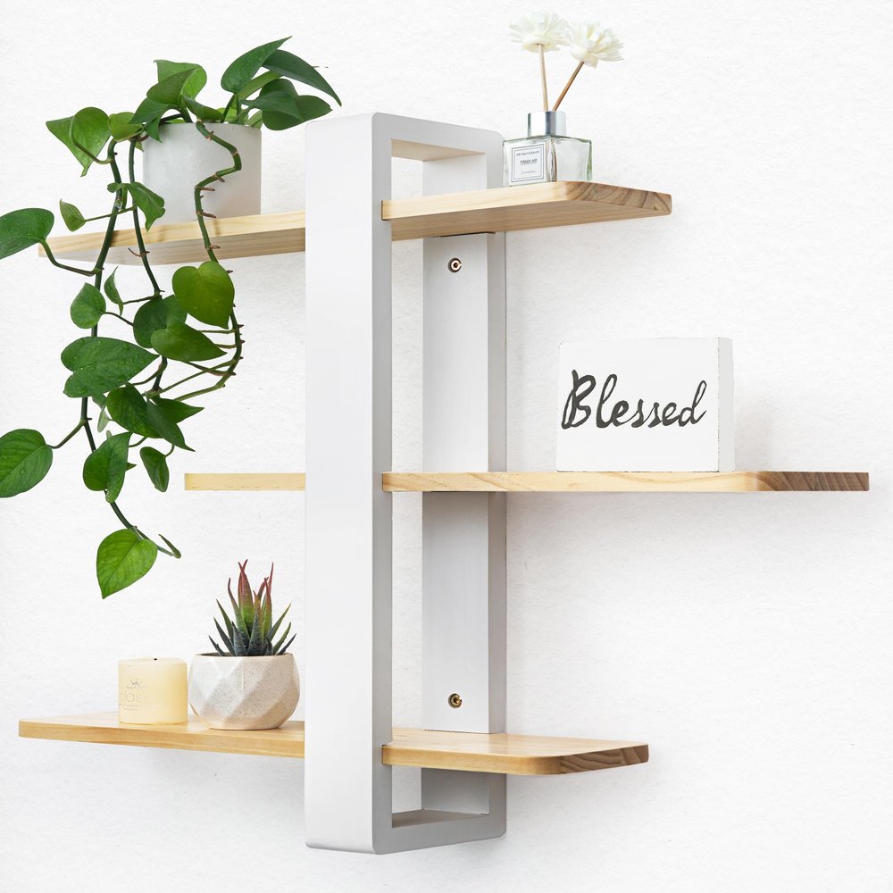 SUMGAR Floating Shelves White for Wall Mounted Shelving Unit All Pine Wood 3 Tier Large Shelf for Bedroom Living Room Office Bathroom Home Decoration Storage Plant Photo Display Modern 20in