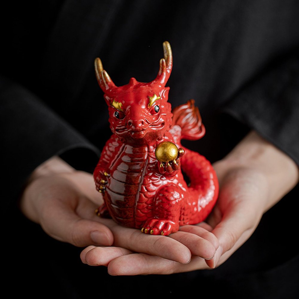 AETVRNI Small Chinese Dragon Statue Traditional Chinese Decor Little Porcelain Dragon Figurine Mythical Creature Animals Decorative Collectible Figurines Dcor,Red