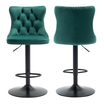 MZDOO Green Bar Stools Set of 2, Adjustable Upholstered Counter Height Barstools with Back and Black Footrest, Modern Velvet Swivel Barstools for Kitchen Counter, Green