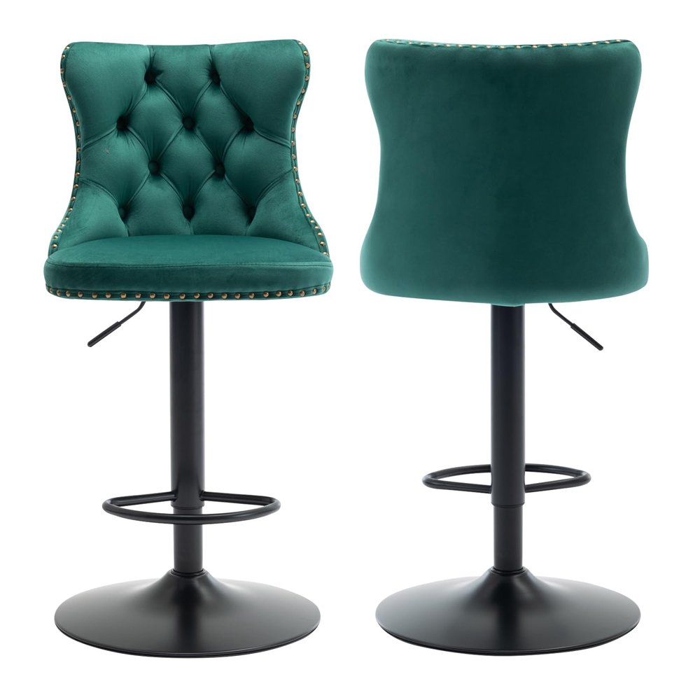 MZDOO Green Bar Stools Set of 2, Adjustable Upholstered Counter Height Barstools with Back and Black Footrest, Modern Velvet Swivel Barstools for Kitchen Counter, Green