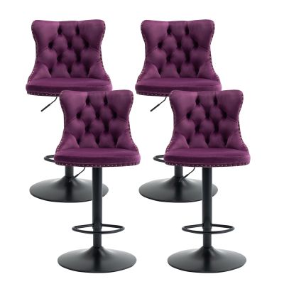 MZDOO Purple Bar Stools Set of 4, Adjustable Upholstered Counter Height Barstools with Back and Black Footrest, Modern Velvet Swivel Barstools for Kitchen Counter, Purple