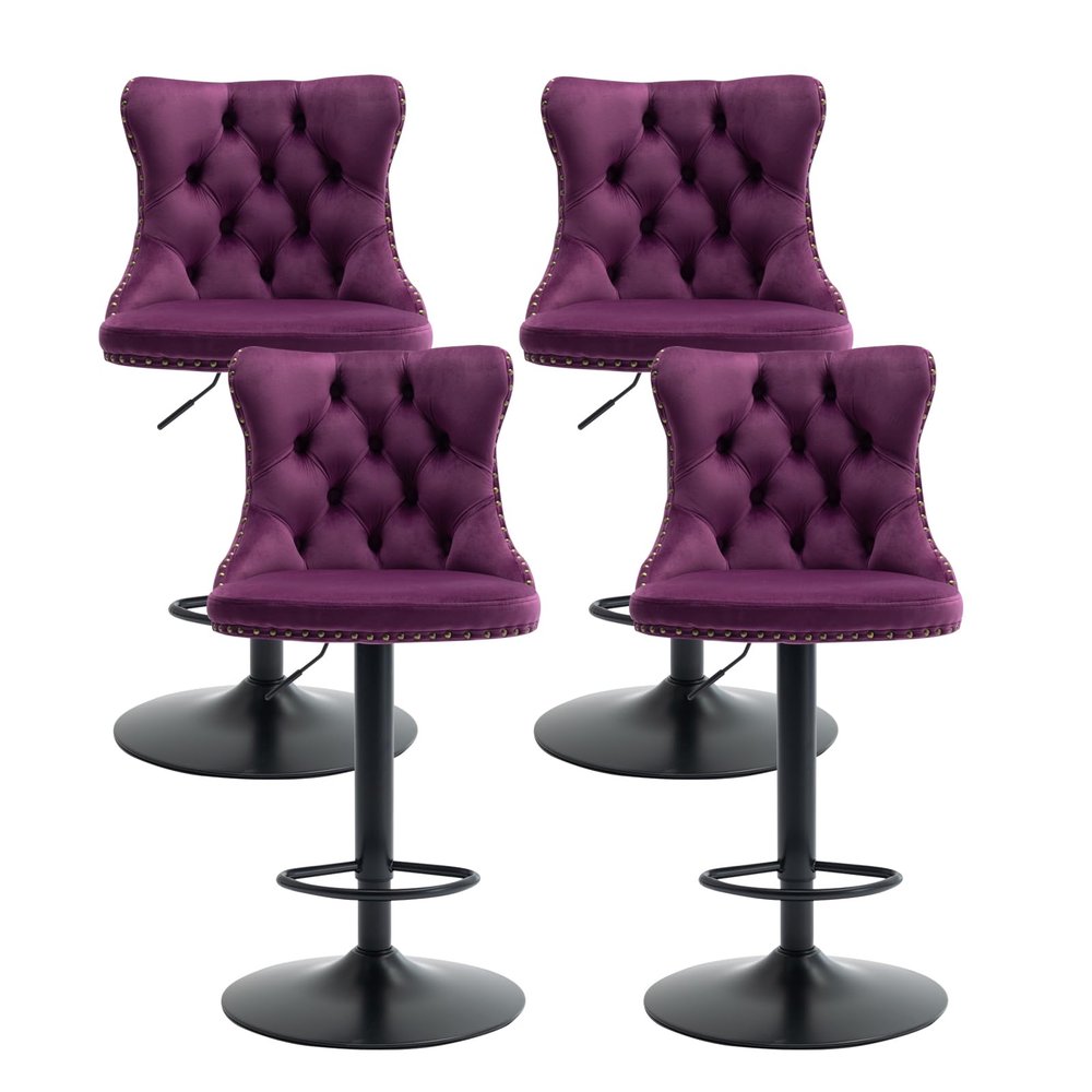 MZDOO Purple Bar Stools Set of 4, Adjustable Upholstered Counter Height Barstools with Back and Black Footrest, Modern Velvet Swivel Barstools for Kitchen Counter, Purple