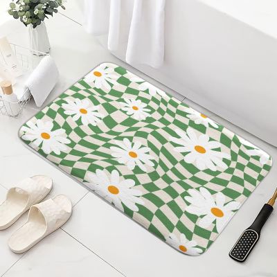 MDUKOIN Green Checkered Bathroom Rugs, Cute Daisy Bath Mat for Bathroom, Girls Aesthetic Groovy 60s 70s Hippie Decor Flannel Non Slip Kitchen Rugs Shower Bathtub Doormats 16X24in