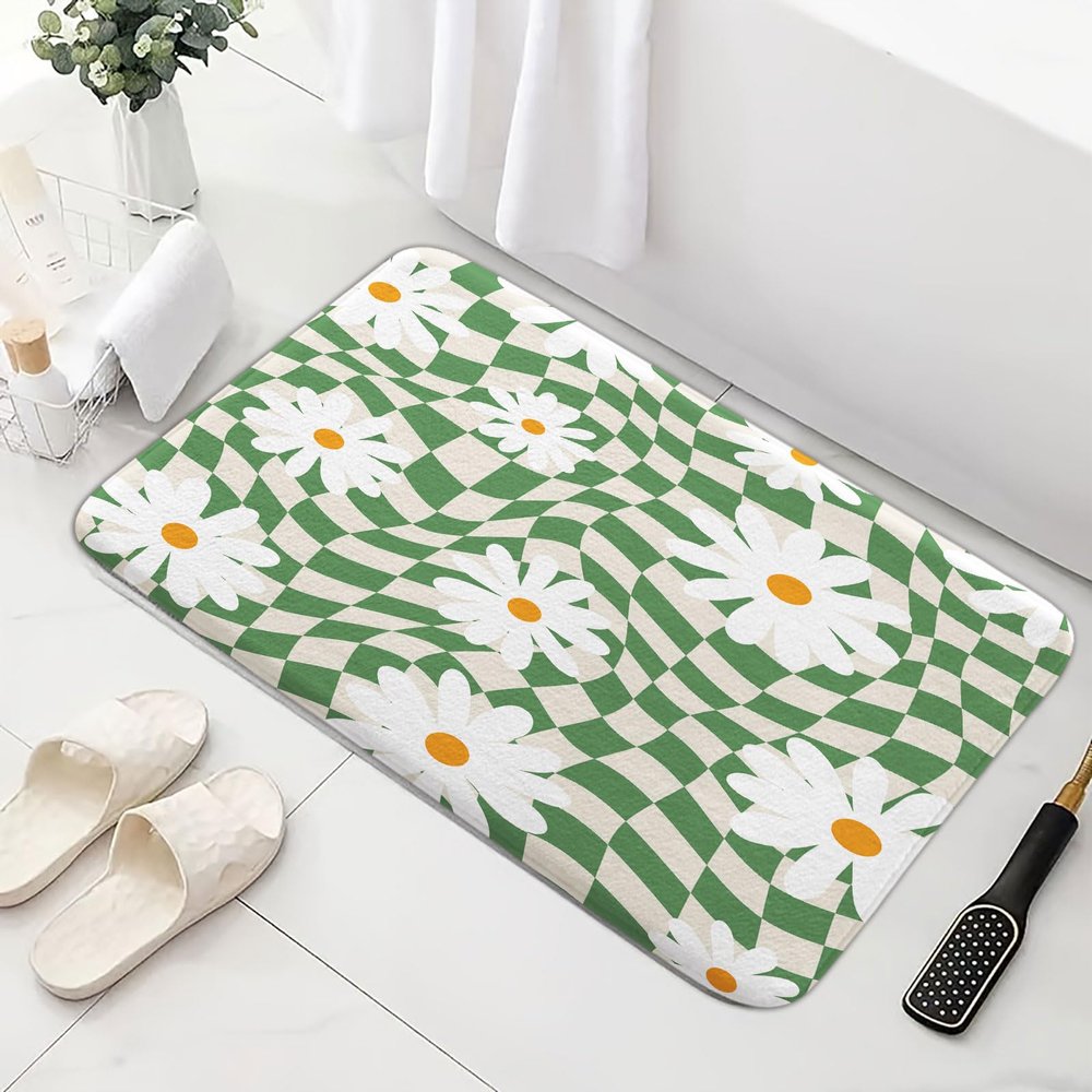 MDUKOIN Green Checkered Bathroom Rugs, Cute Daisy Bath Mat for Bathroom, Girls Aesthetic Groovy 60s 70s Hippie Decor Flannel Non Slip Kitchen Rugs Shower Bathtub Doormats 16X24in
