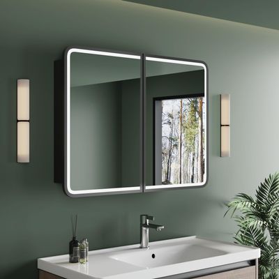 HBEZON Medicine Cabinet with LED Lights and Mirror, 32 x 30 Inch Wall or Recessed Mounted Bathroom Cabinet, Adjustable Tempered Glass Shelf, Defogger, Memory Function, 3-Color Mode, Dimmer, Black