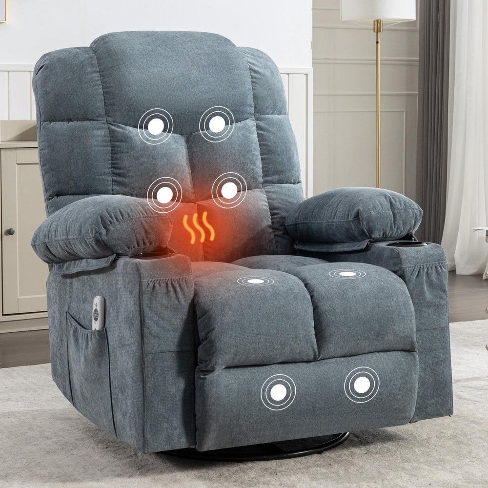 Massage Recliner Chair for Adults, Oversized Swivel Rocking Chair with Heated & 2 Cup Holders & USB Charge Port Home Theater Seating Lazy Boy Recliner Single Sofa Seat with Adjustable Footrest, Blue