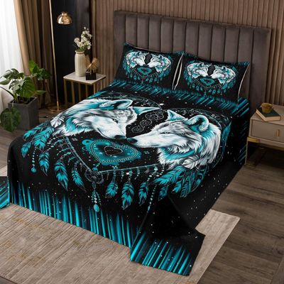 Wolf Couple Kids Bedspread Twin Size,Neon Light Starry Sky Love Heart Dreamcatcher Romantic Coverlet Set,Boys Girls Room Decor,Wild Animal Quilted Coverlet,Blue Rustic Bedding Quilt,1 Pillowcase