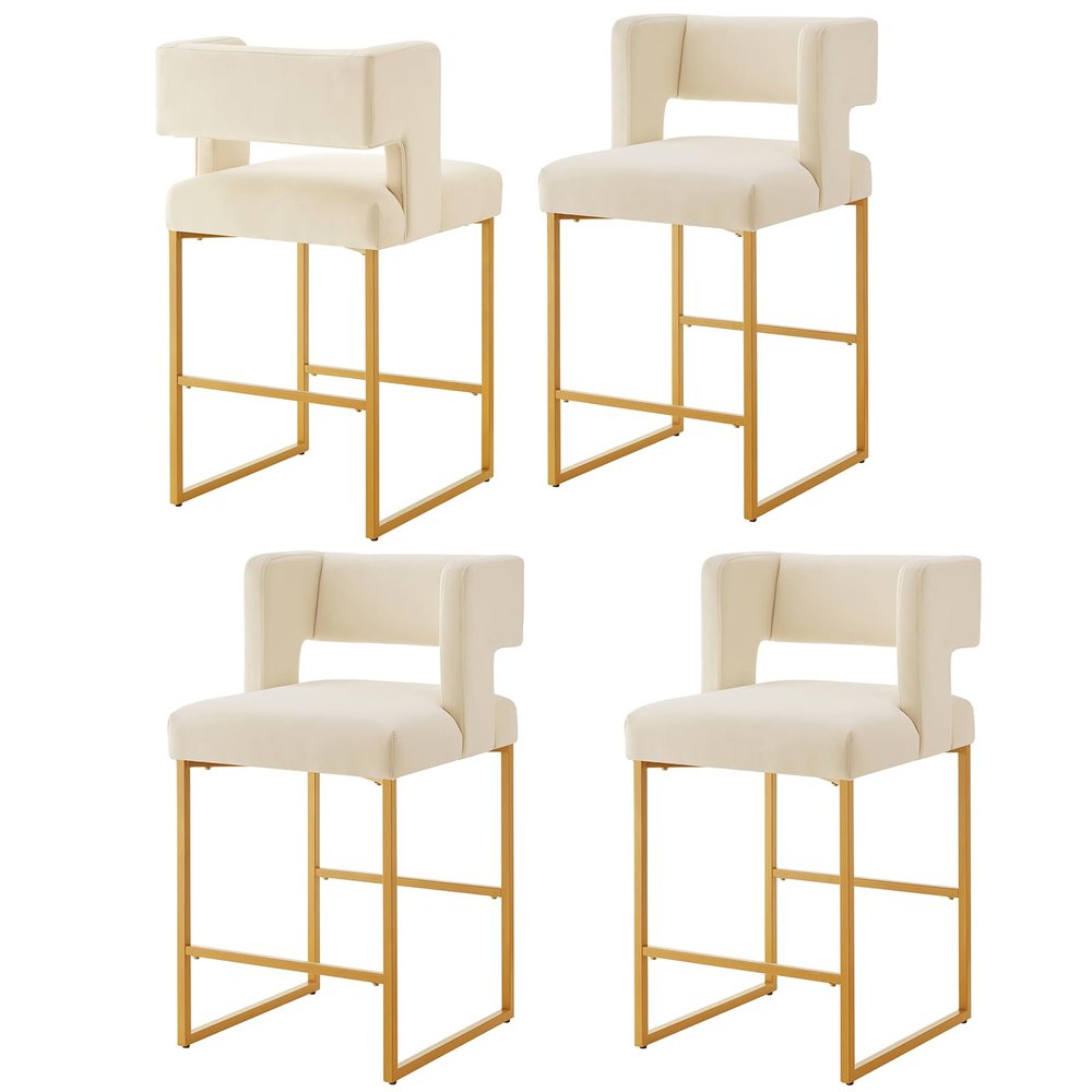 Sweiko 26 Inch Counter Height Bar Stools Set of 4 with Velvet Cushion and Back Modern Bar Chairs for Kitchen Island Counter Stools with Metal Leg for Restaurant Dining Room Office, Cream and Gold