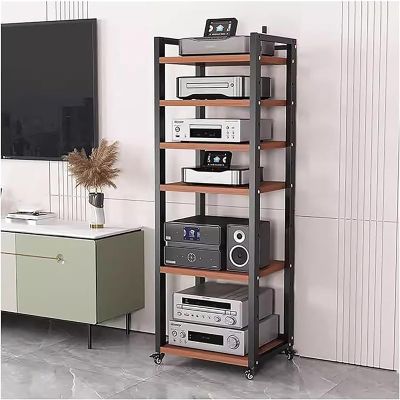 YLLFFLL 161cm Tall Record Player Stereo Cabinet - Rack Audio Tower with Adjustable Shelves & 360 Universal Wheels - Record Player Console for Cable Boxes, Amplifiers, Speakers(Black-C,6-Tiers)