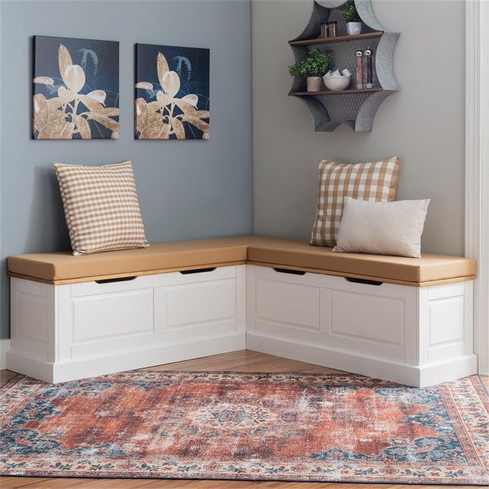 Pemberly Row Backless Wood Nook with Beige Polyester Cushions, Hidden Storage Bench Seats, Natural and White Finish, Coastal Farmhouse Dining Set, 62 in Long, Pillows Included, Assembly Required