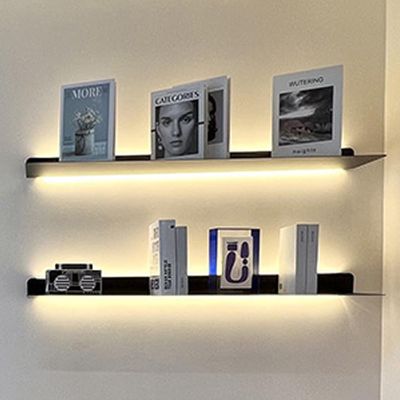 MOFGOE Floating Wall Shelves with Built-in Illuminated LED Light, Black Shelves with Invisible Brackets Set of 2, Metal Wall Mounted Light-Emitting Bookshelf, for Living Room Decoration,40inch