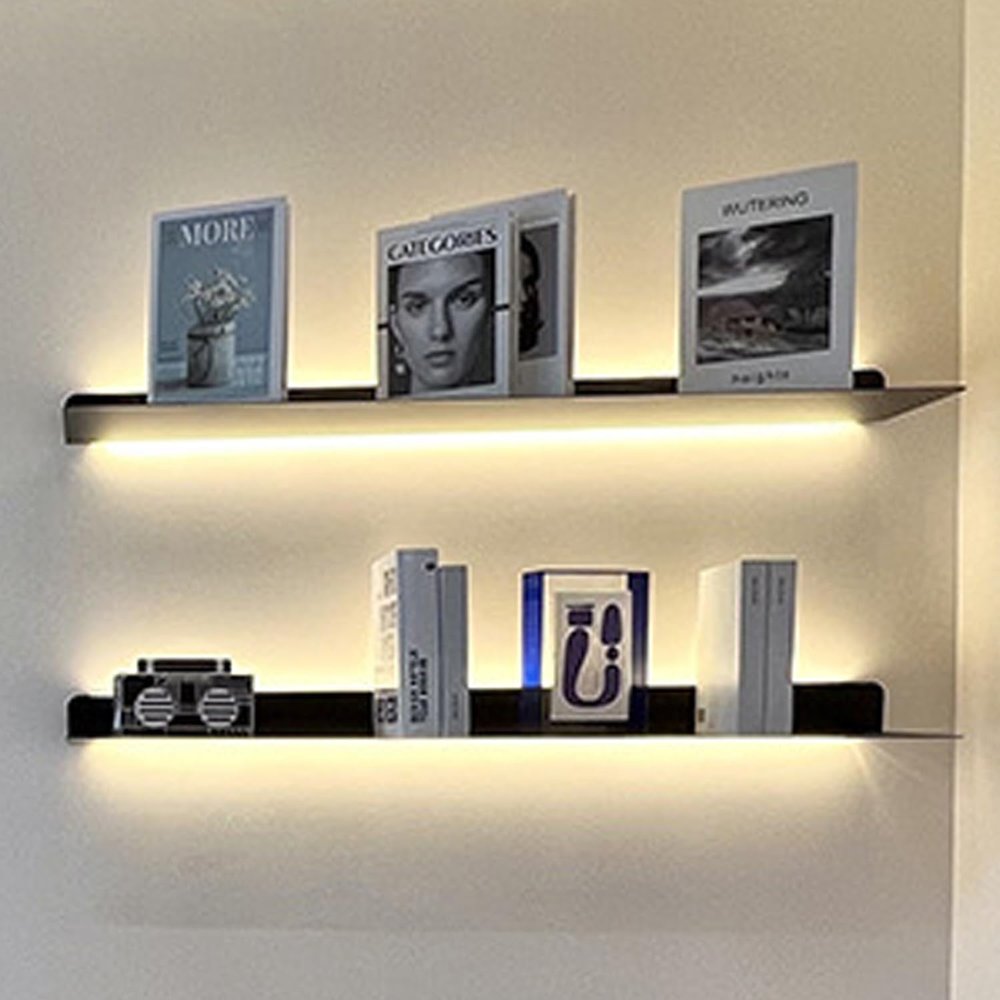 MOFGOE Floating Wall Shelves with Built-in Illuminated LED Light, Black Shelves with Invisible Brackets Set of 2, Metal Wall Mounted Light-Emitting Bookshelf, for Living Room Decoration,40inch