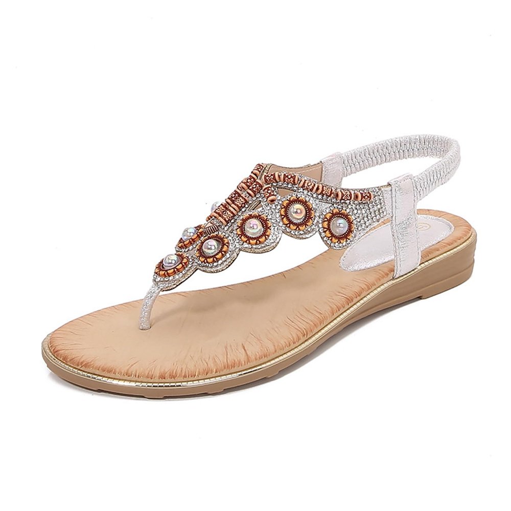 Womens Summer Flats Sandals Casual Bohemian Dressy Thong Flat Shoes Comfortable Slip on Elastic Ankle Strap Beach Sandals