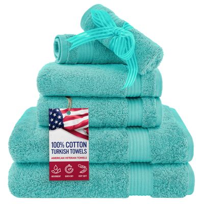 American Veteran Towel, 6 Piece Towel Set for Bathroom, 100% Cotton Turkish Bathroom Towels, 2 Bath Towels 2 Hand Towels 2 Washcloths, Turquoise Blue