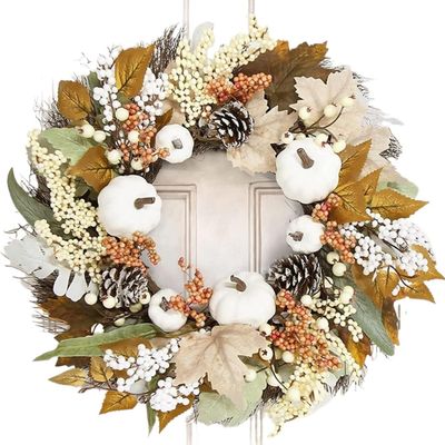 Garland, Artificial Garland, Garland Decorations, Fall Wreath Artificial White Pumpkin Wreath, White Sunflower Autumn Harvest Wreath with Leaves Flower Fall Door Garland Thanksgiving Theme Swag Teard