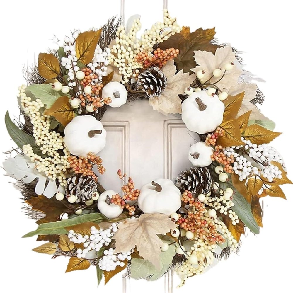 Garland, Artificial Garland, Garland Decorations, Fall Wreath Artificial White Pumpkin Wreath, White Sunflower Autumn Harvest Wreath with Leaves Flower Fall Door Garland Thanksgiving Theme Swag Teard