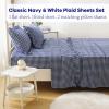 K MASANIJI Navy Blue White Plaid Ruffle Sheets Twin Size 4-Piece Set, 300TC 100% Yarn Dyed Cotton Sheets 18 in Deep Pocket Classic Gingham Decorative Bedding (Navy Blue/White Plaid, Twin) view 2