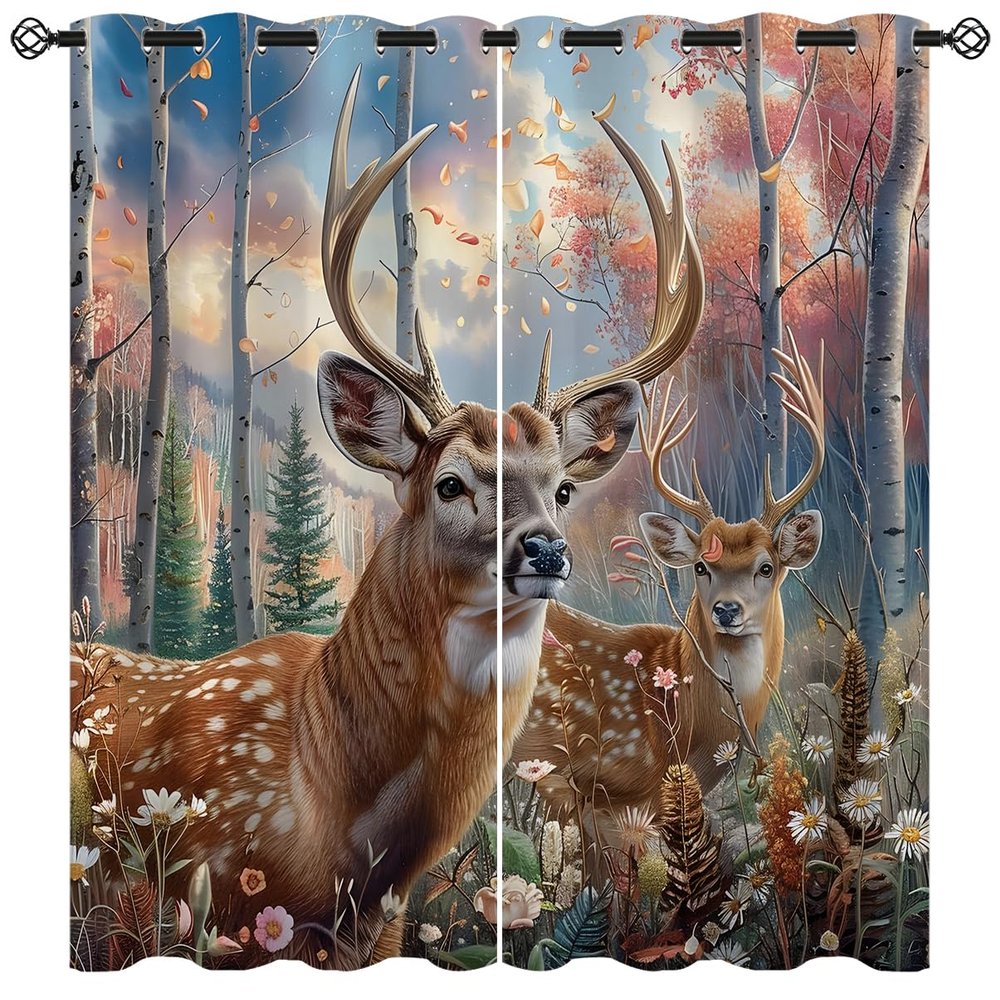 18TH CROZY Deer Blackout Curtains for Girls Boy Home Decor, Rustic Wildlife Animal Woodland Tree Flower Grommet Thermal Insulated Drapes Darkening Window Curtain for Bedroom Living Room, 72 x 63 Inch