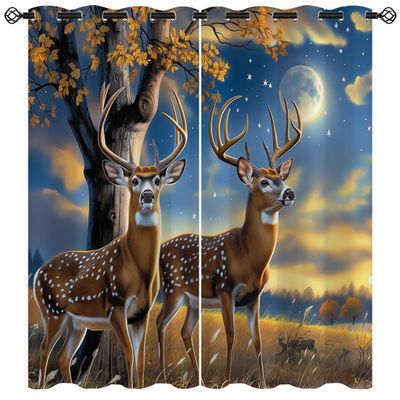 18TH CROZY Deer Blackout Curtains for Girls Boy Home Decor, Rustic Elk Wildlife Forest Animal Moon Grommet Thermal Insulated Drapes Darkening Window Curtain for Bedroom Living Room, 63 x 63 Inch