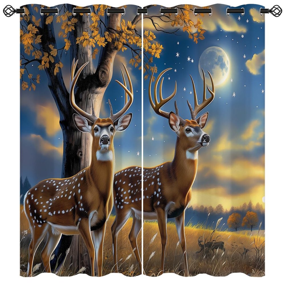 18TH CROZY Deer Blackout Curtains for Girls Boy Home Decor, Rustic Elk Wildlife Forest Animal Moon Grommet Thermal Insulated Drapes Darkening Window Curtain for Bedroom Living Room, 63 x 63 Inch