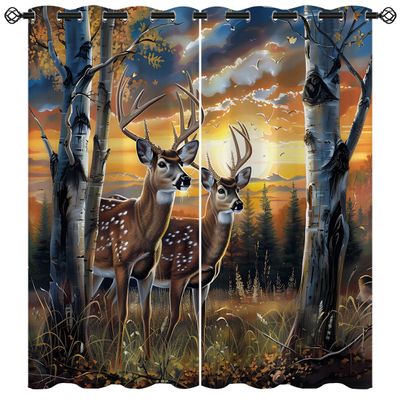 18TH CROZY Animal Blackout Curtains for Girls Boy Home Decor, Elk Wildlife Deer Rustic Nature Forest Grommet Thermal Insulated Drapes Darkening Window Curtain for Bedroom Living Room, 72 x 63 Inch