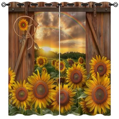 18TH CROZY Sunflower Blackout Curtains for Girls Boy Home Decor, Barn Rustic Vintage Flowers Rainbow Grommet Thermal Insulated Drapes Darkening Window Curtain for Bedroom Living Room, 72 x 63 Inch