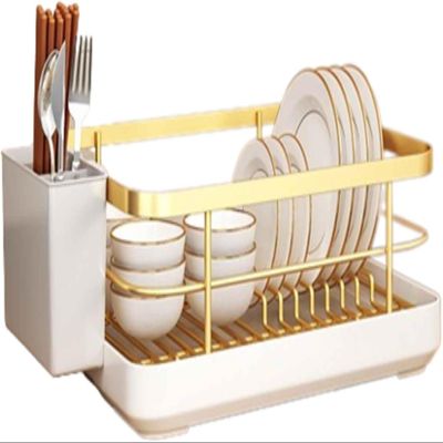 URVIKBVG Dish Rack Dish Drying Rack Over Sink Drainer Draining Rack with Drip Tray ABS with Cutlery Holder Removable Basket Scratch Resistant Slip Resistant Space Saving (Gold 34x26x15cm)