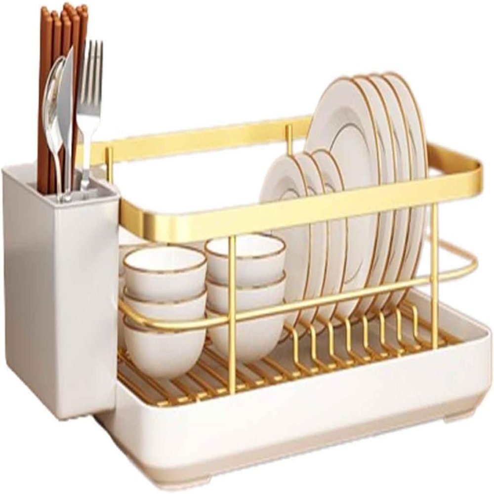 URVIKBVG Dish Rack Dish Drying Rack Over Sink Drainer Draining Rack with Drip Tray ABS with Cutlery Holder Removable Basket Scratch Resistant Slip Resistant Space Saving (Gold 34x26x15cm)