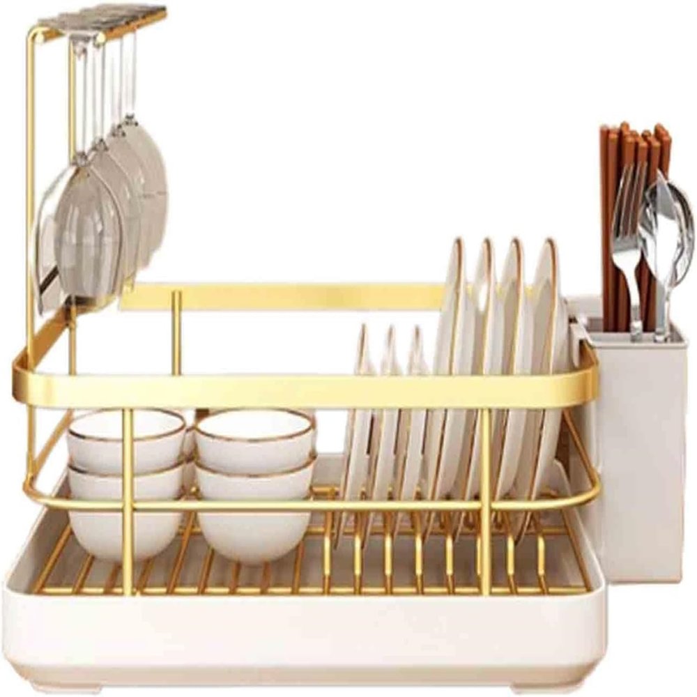 URVIKBVG Dish Rack Dish Drying Rack Over Sink Drainer Draining Rack with Drip Tray ABS with Cutlery Holder Removable Basket Scratch Resistant Slip Resistant Space Saving (Gold 34x26x35cm)